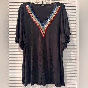 BloomChic Solid Crochet Lace Ruffle Tiered Sleeve V Neck T-shirt